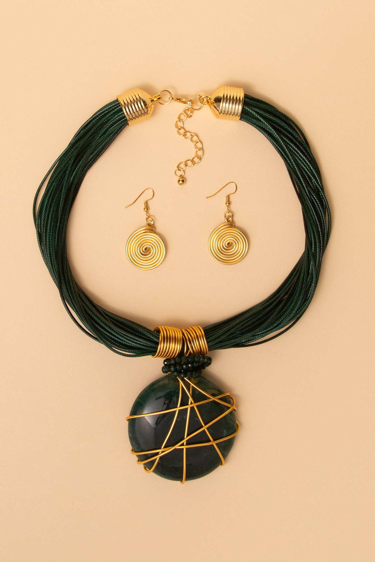 Quinn Multi Strand Wired Natural Stone Necklace Set | Green