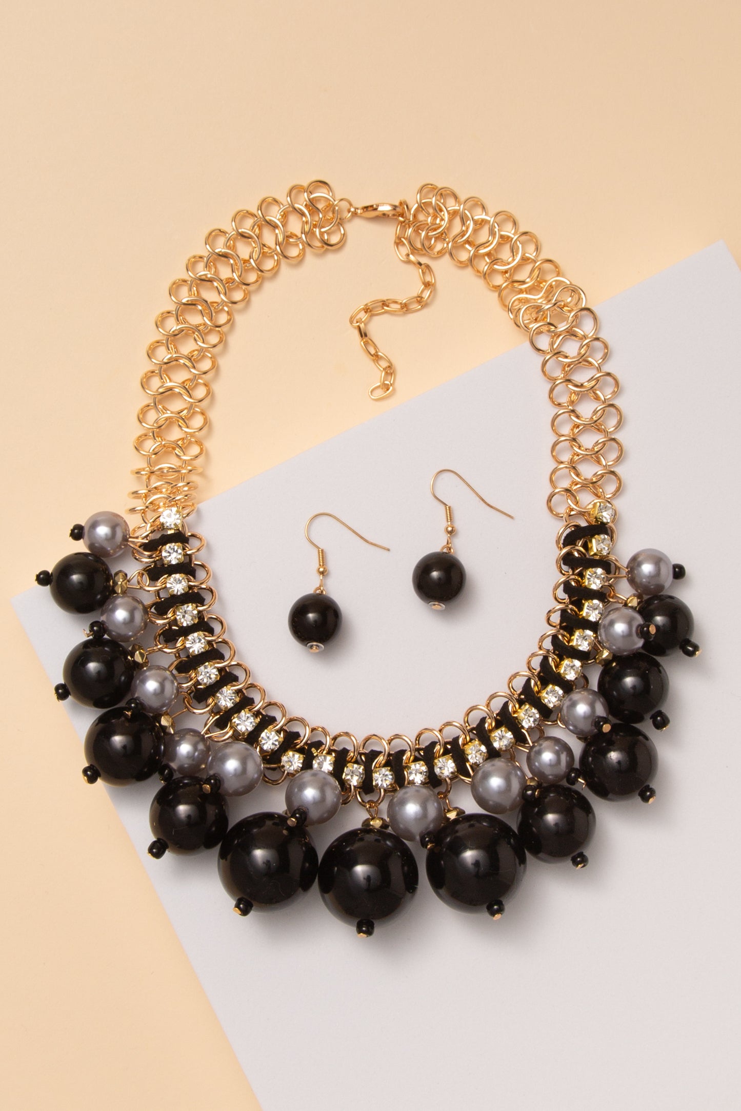 Kelsey Multi-Strand Crystal Pearl Necklace Set with Hook Earrings | Black