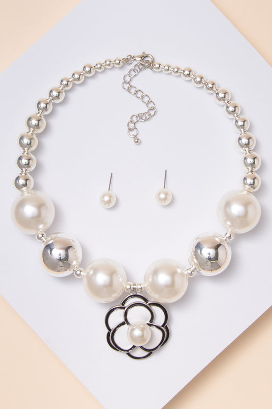 Sasha Pearl Necklace Earring Set with White Acrylic Flower Pendant