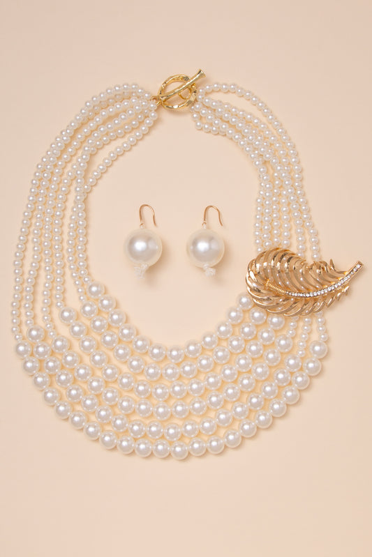 Nora Multi Strand Pearl Necklace Earring Set with Gold Tone