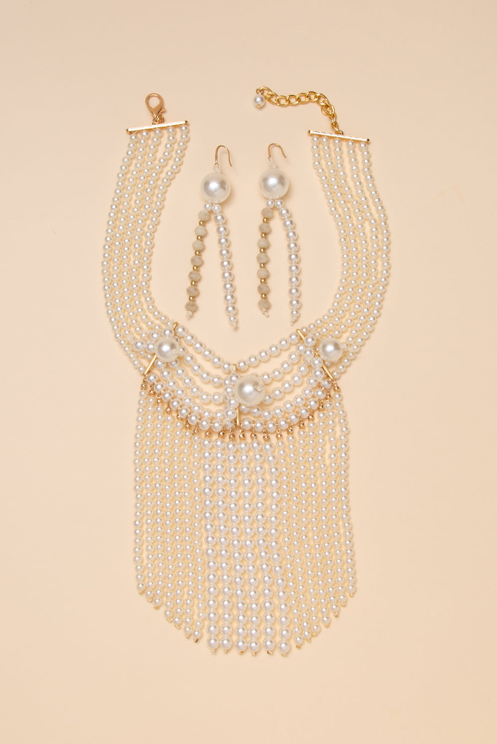 Naomi Pearl Fringe Drape Necklace Earring Set