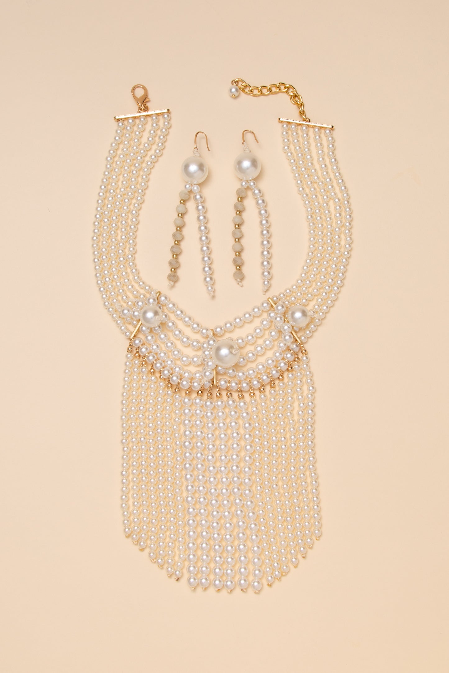 Naomi Pearl Fringe Drape Necklace Earring Set