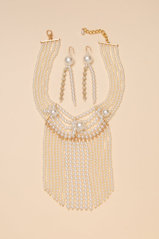 Naomi Pearl Fringe Drape Necklace Earring Set