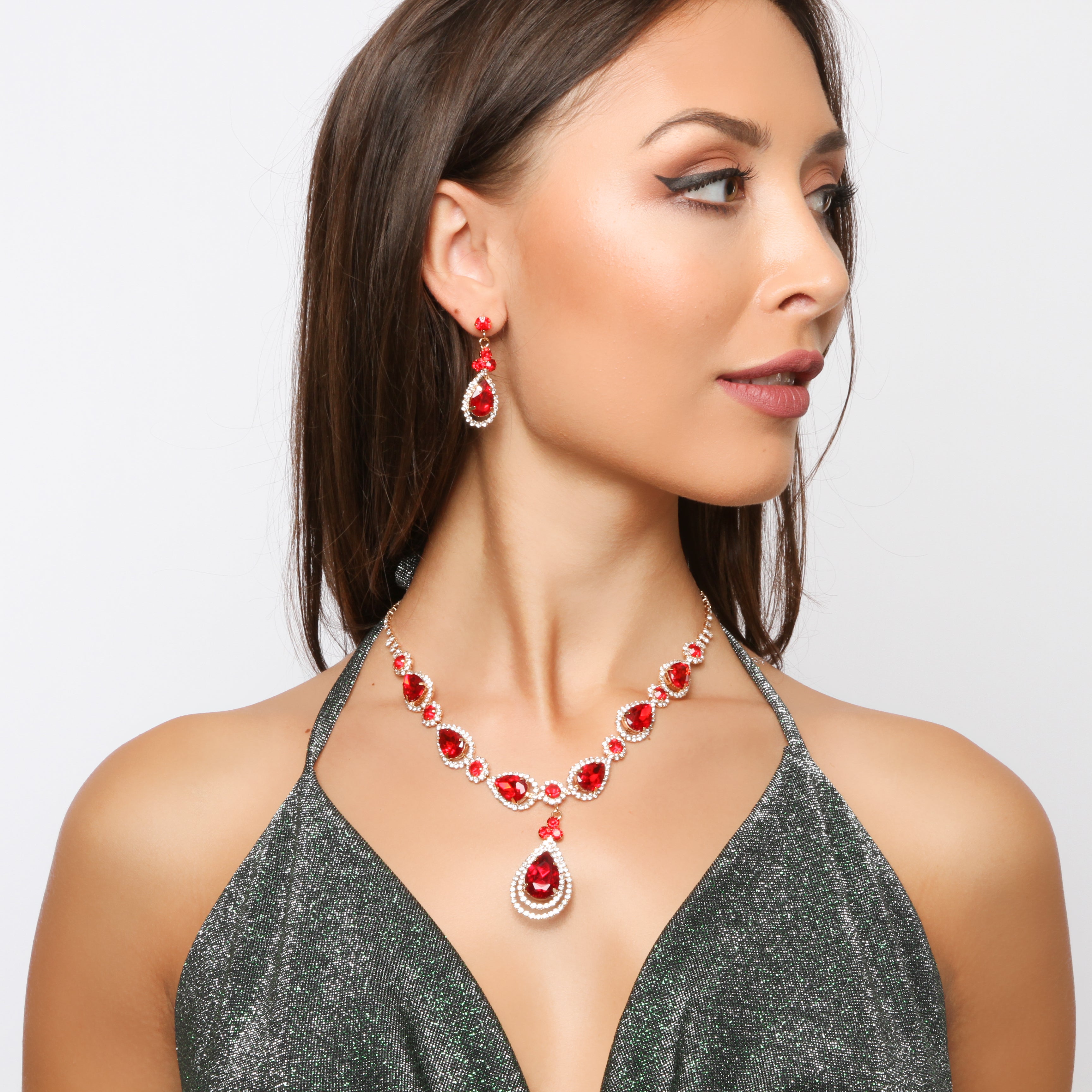 Elegant Teardrop Necklace & Earring Set | Red