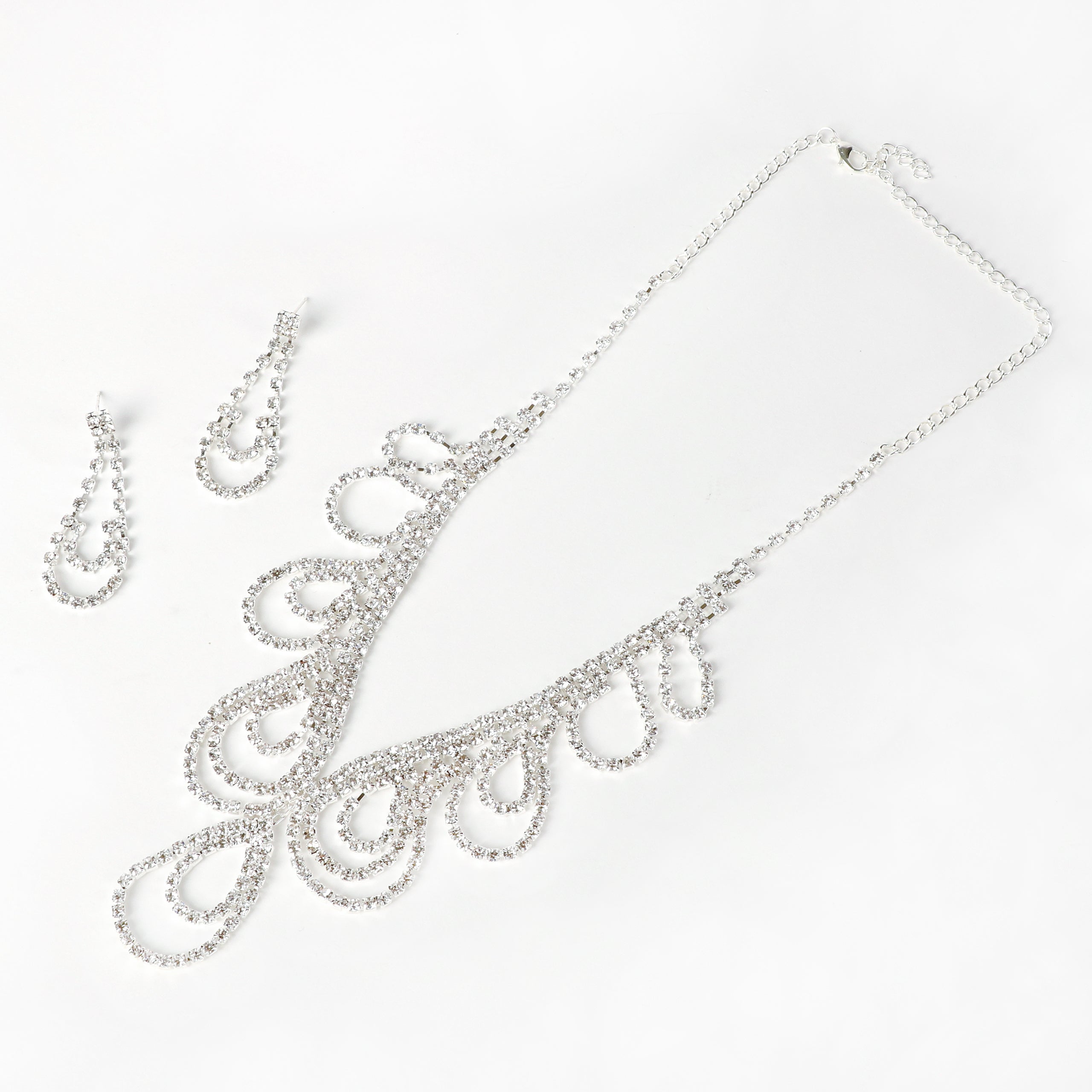 Grace Teardrop Layered Rhinestone Necklace & Earring Set | Silver