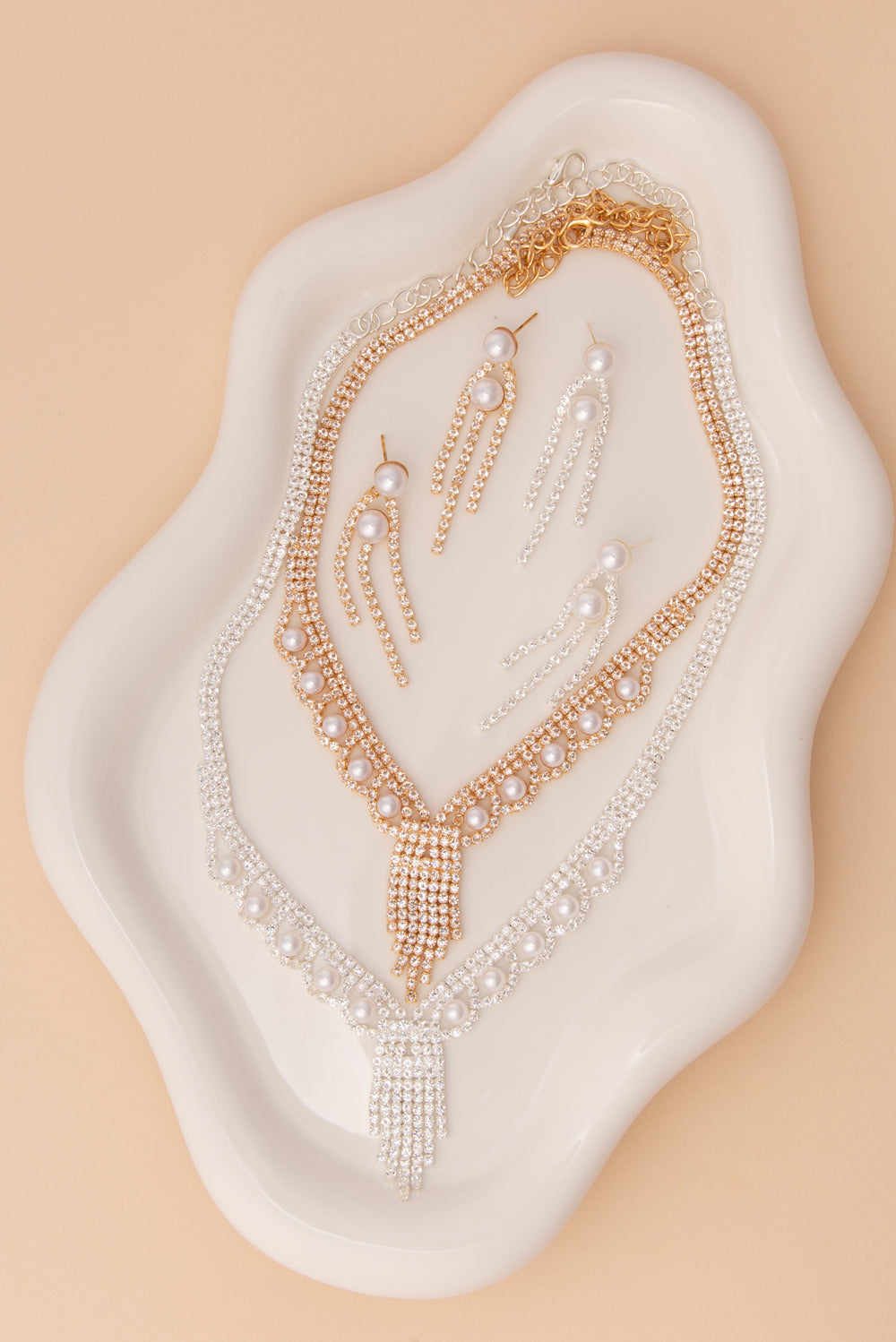 Rose Tassel Rhinestone & Pearl Necklace with Earring Set