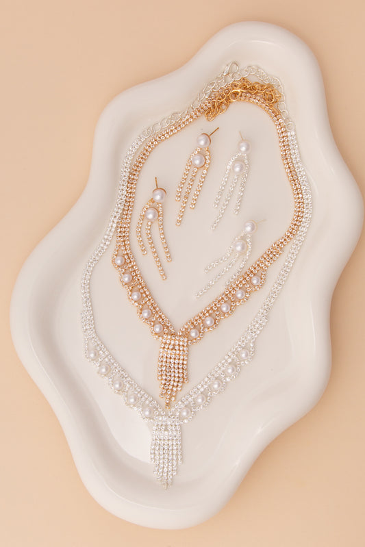 Rose Tassel Rhinestone & Pearl Necklace with Earring Set