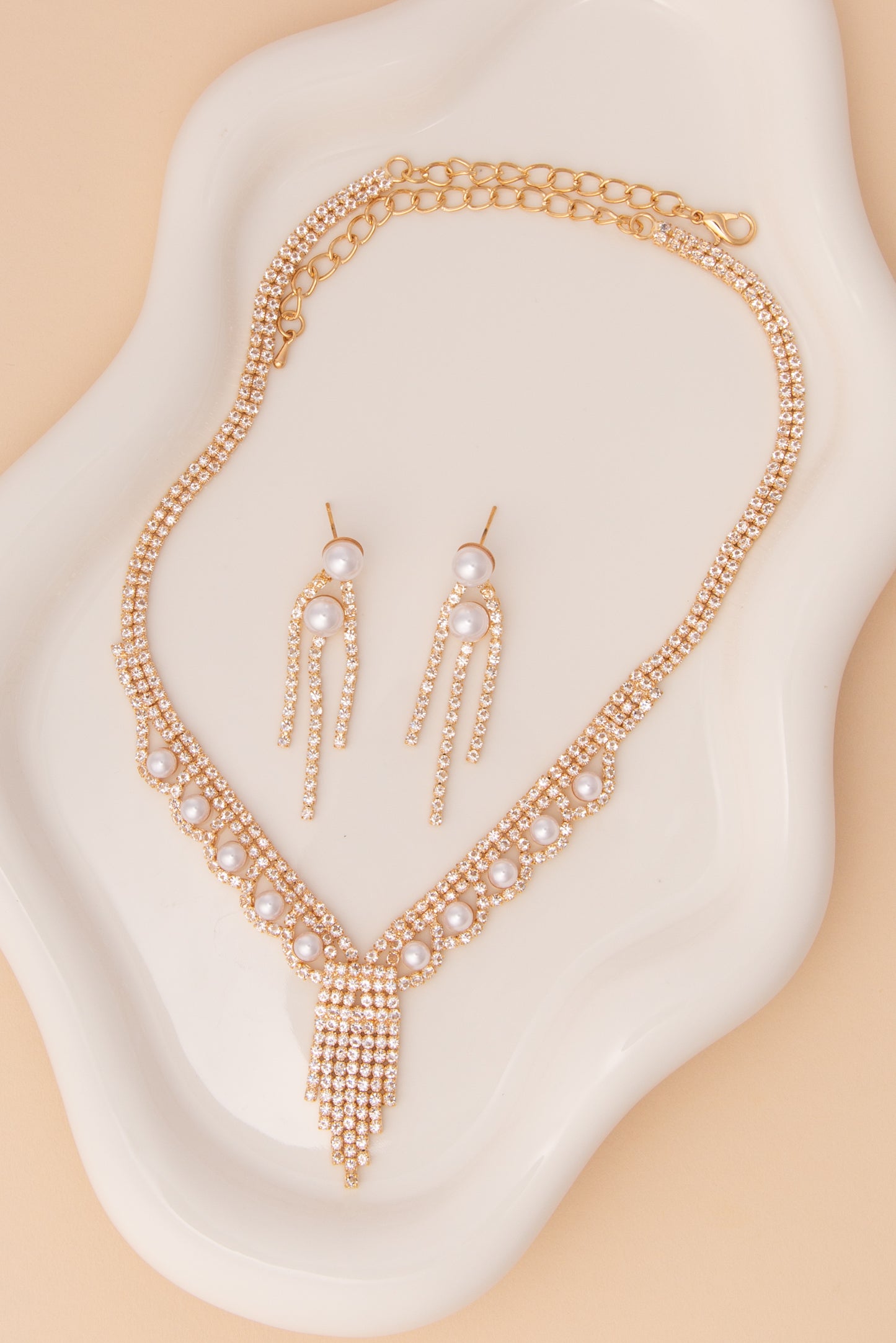 Rose Tassel Rhinestone & Pearl Necklace with Earring Set | Gold