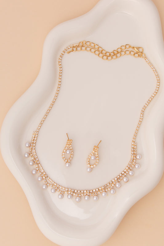 Julia Pearl and Crystal Double Strand Necklace & Earring Set | Gold
