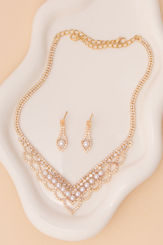 Isabel V-Shaped Pearl Rhinestone Embellished Necklace & Earring Set | Gold