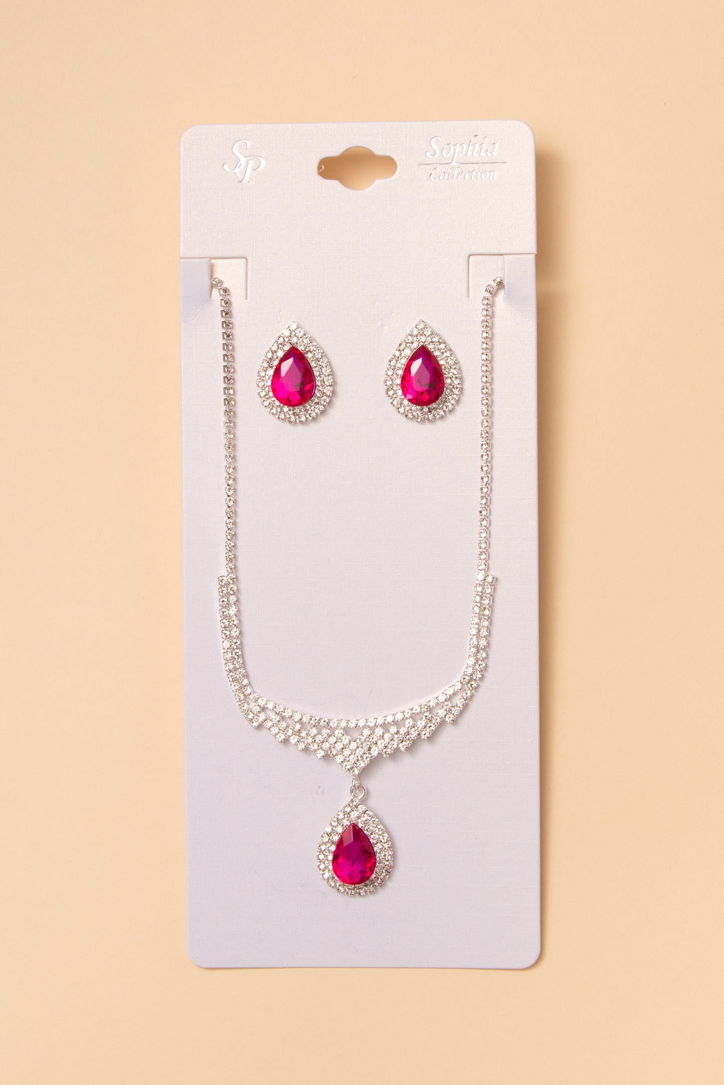 Arianna Bridal Necklace and Earring Set with Crystal Pendant | Fuchsia