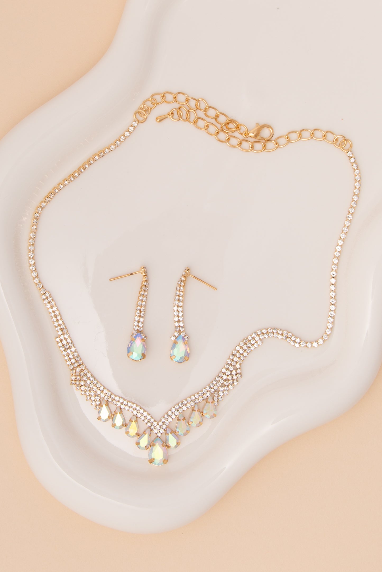 Claire V-Shaped Crystal Rhinestone Necklace & Earring Set | Gold Iridescent