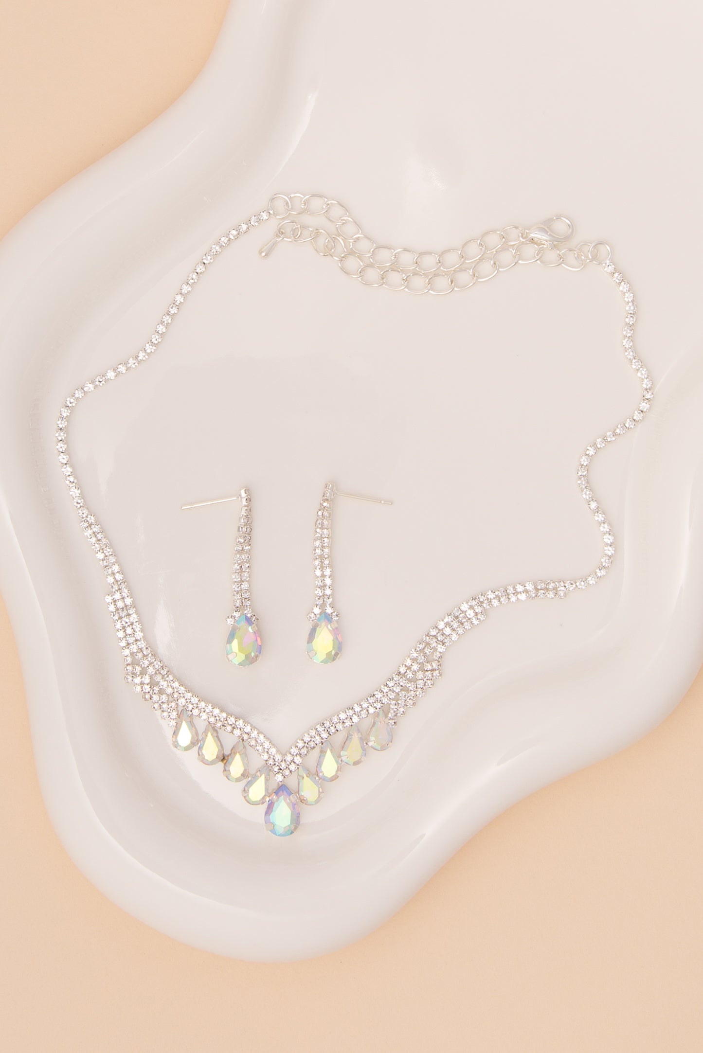 Claire V-Shaped Crystal Rhinestone Necklace & Earring Set | Silver Iridescent
