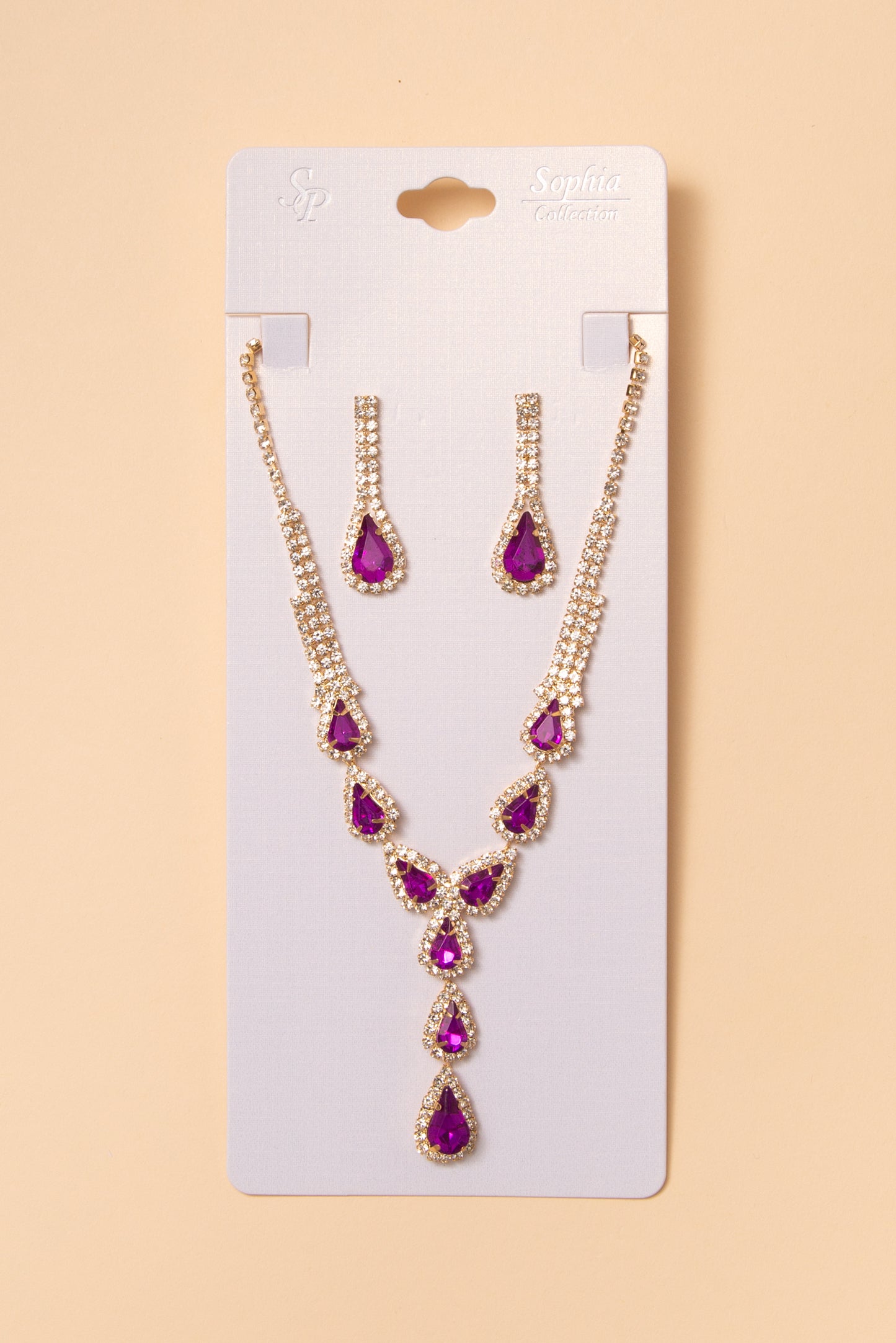 Brooke Bridal Crystal Teardrop Necklace and Earring Set | Purple