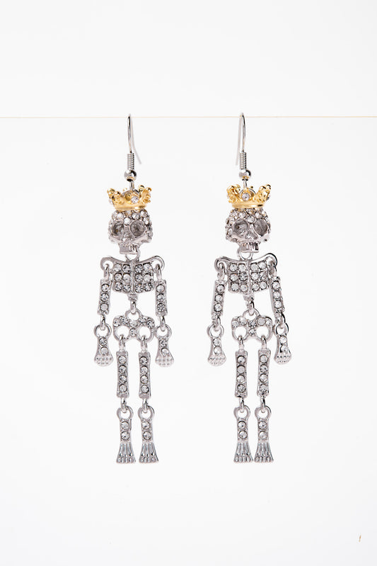 Freya Dancing Skeleton King Rhinestone Dangle Earrings | Silver