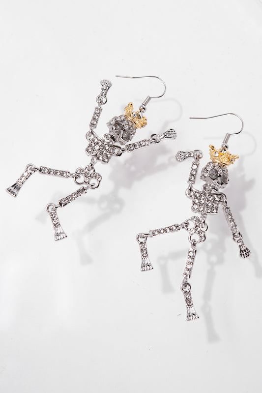 Freya Dancing Skeleton King Rhinestone Dangle Earrings | Silver
