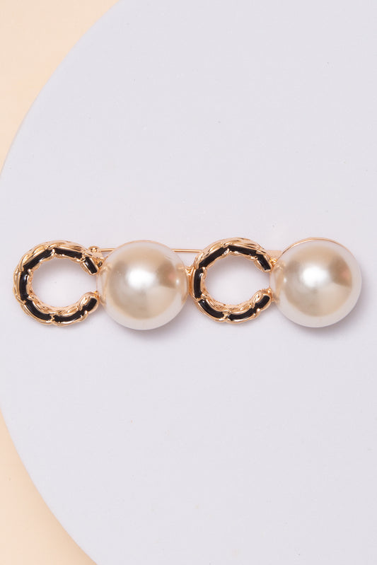 Sofia C Shape Brooch Pin With Enamel And Pearl Accents | Black & Gold