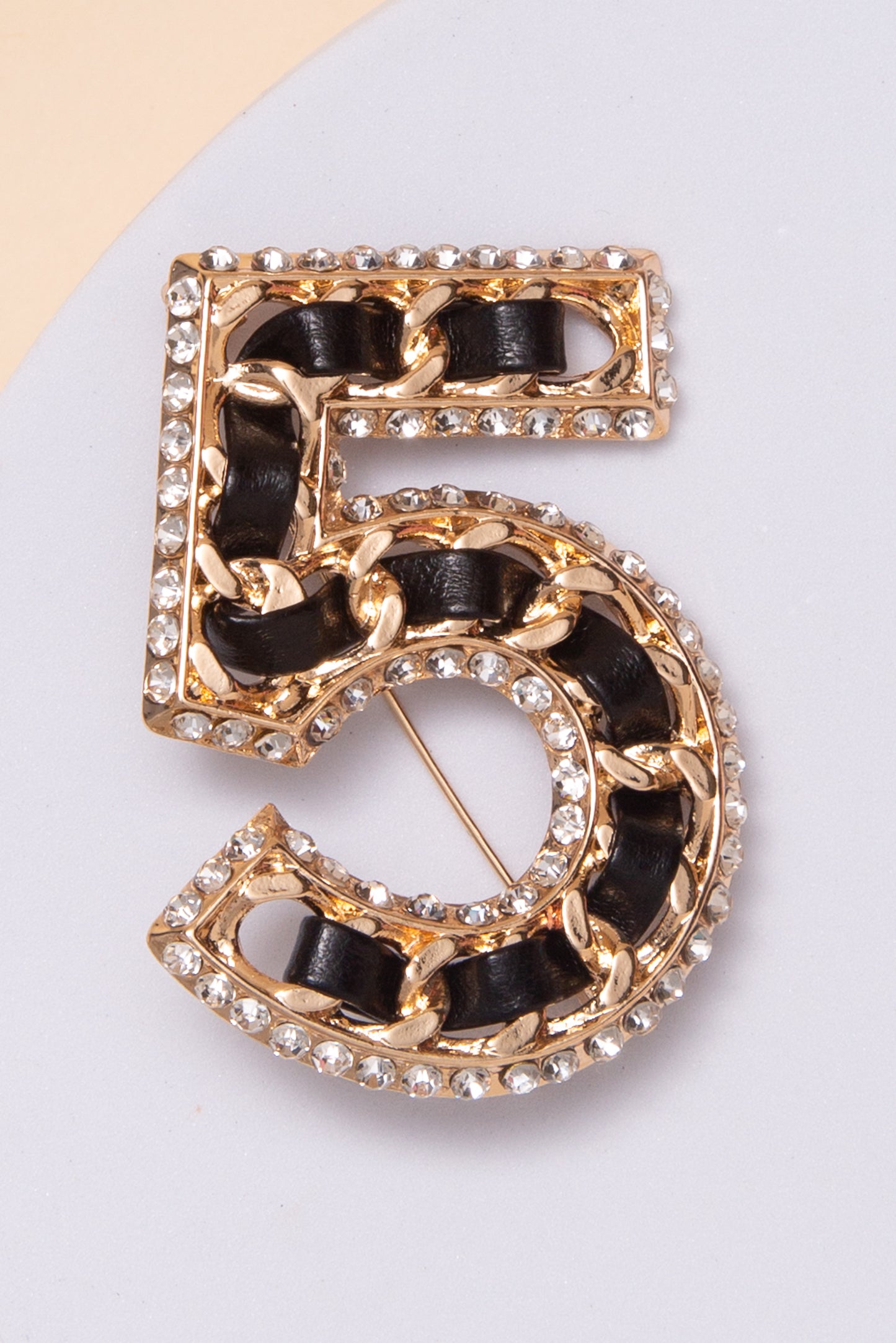 Ivy Number Five Crystal Brooch Pin With Woven Fabric Panel | Black & Gold