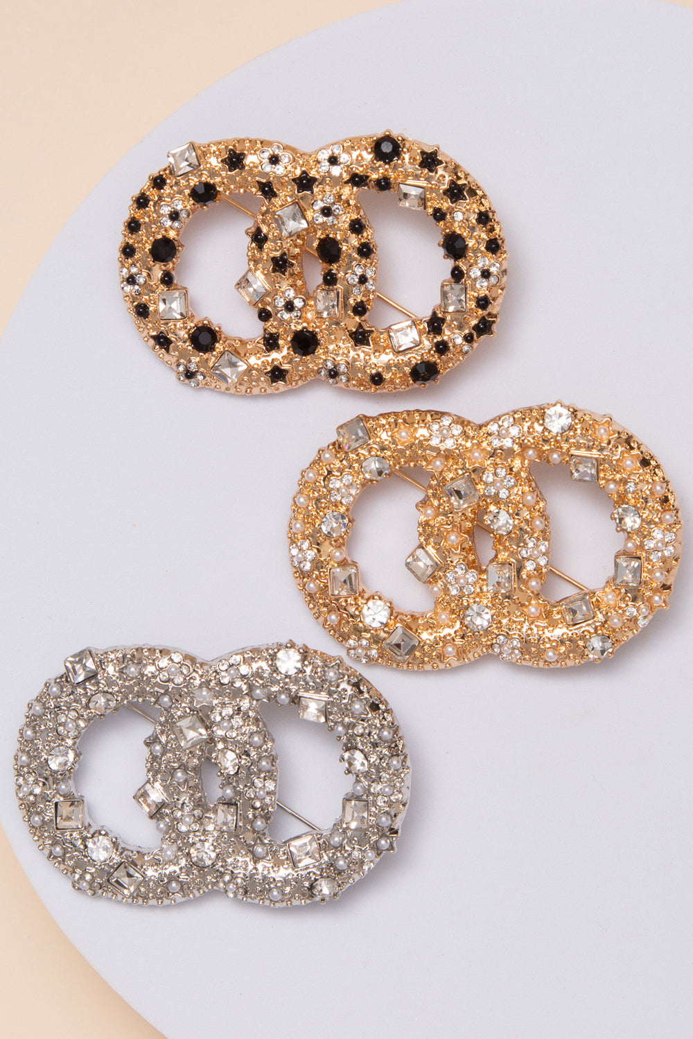 Elena Double Ring Brooch Pin With Pearl And Crystal Accents