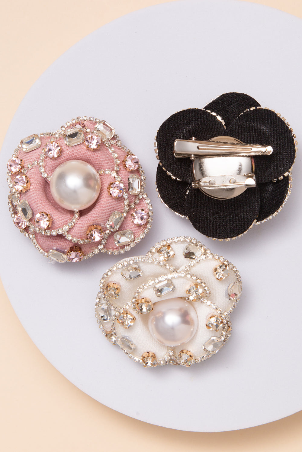 Marie Fabric Flower Brooch Pin With Pearl Center And Crystal Accents