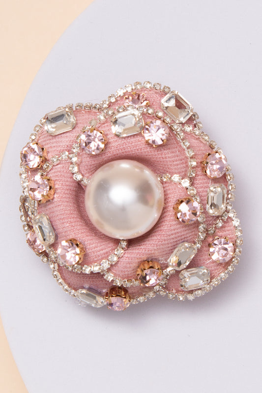 Marie Fabric Flower Brooch Pin With Pearl Center And Crystal Accents | Pink