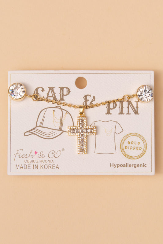Francesca 2-in-1 Hat and Shirt Cross Chain Pin Hat | Gold