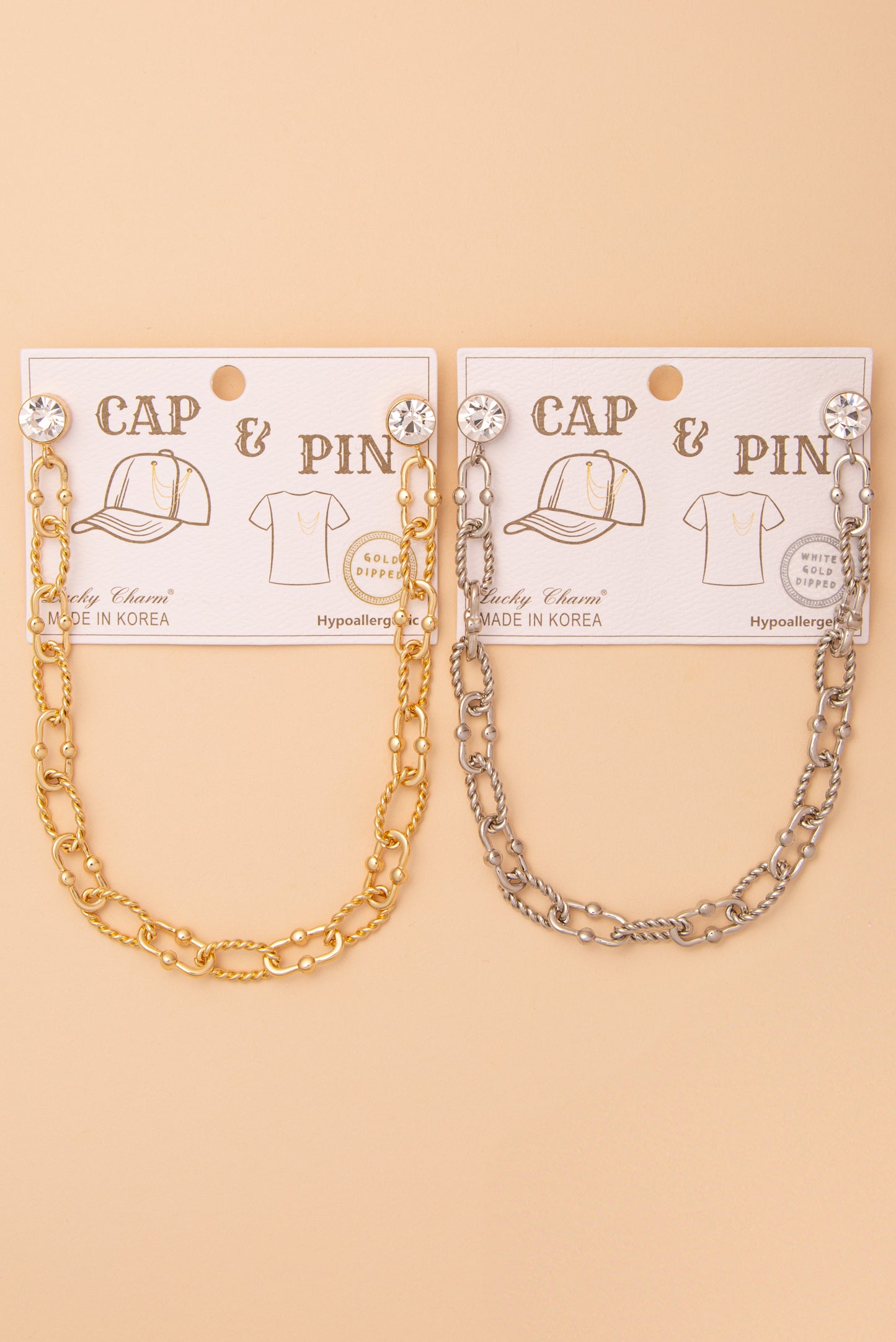 Crystal Embellished Textured Oval Link Cap Chain and Pin