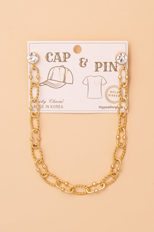 Crystal Embellished Textured Oval Link Cap Chain and Pin | Gold