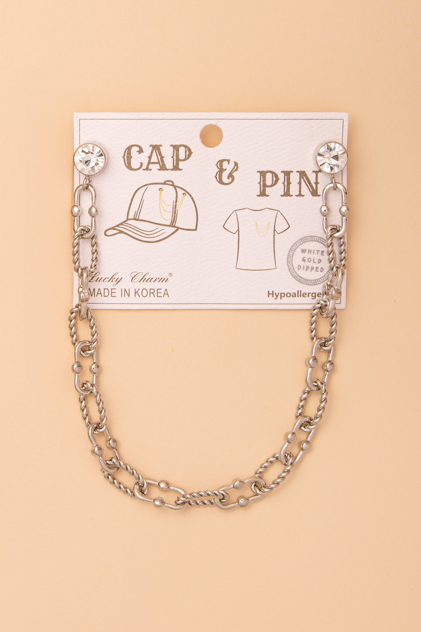 Crystal Embellished Textured Oval Link Cap Chain and Pin
