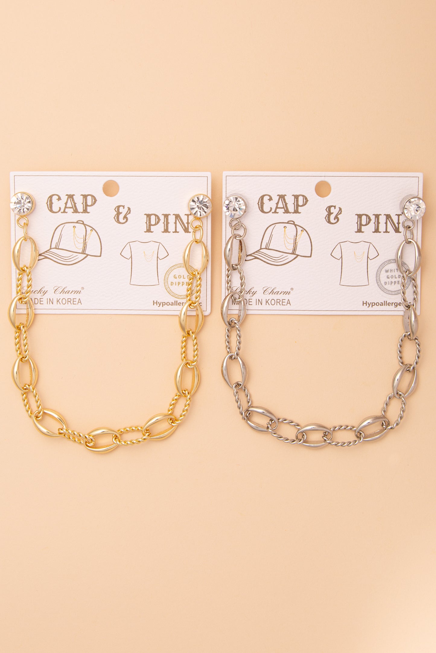 Rosemary Crystal Embellished Textured Oval Link Cap Chain and Pin