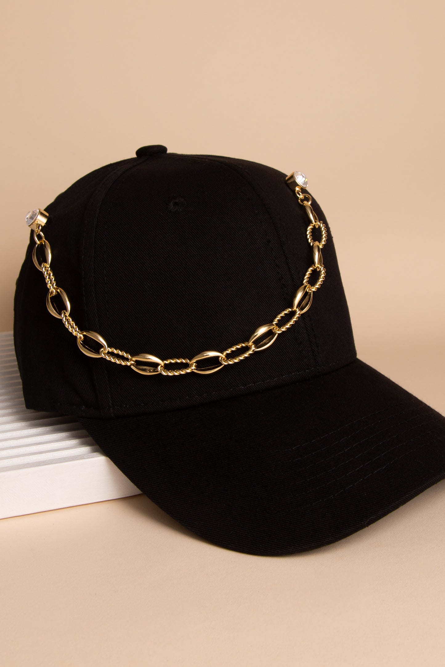 Rosemary Crystal Embellished Textured Oval Link Cap Chain and Pin