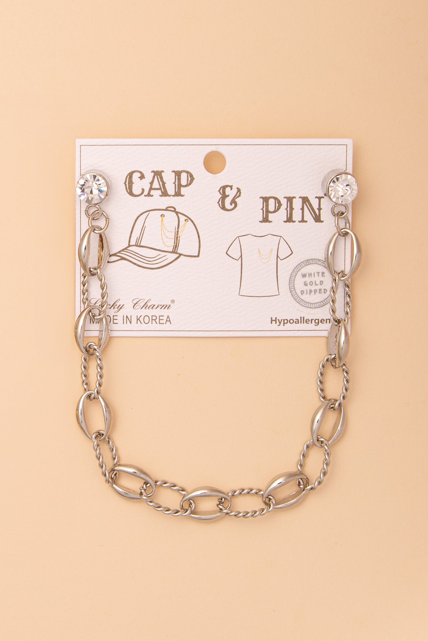 Rosemary Crystal Embellished Textured Oval Link Cap Chain and Pin