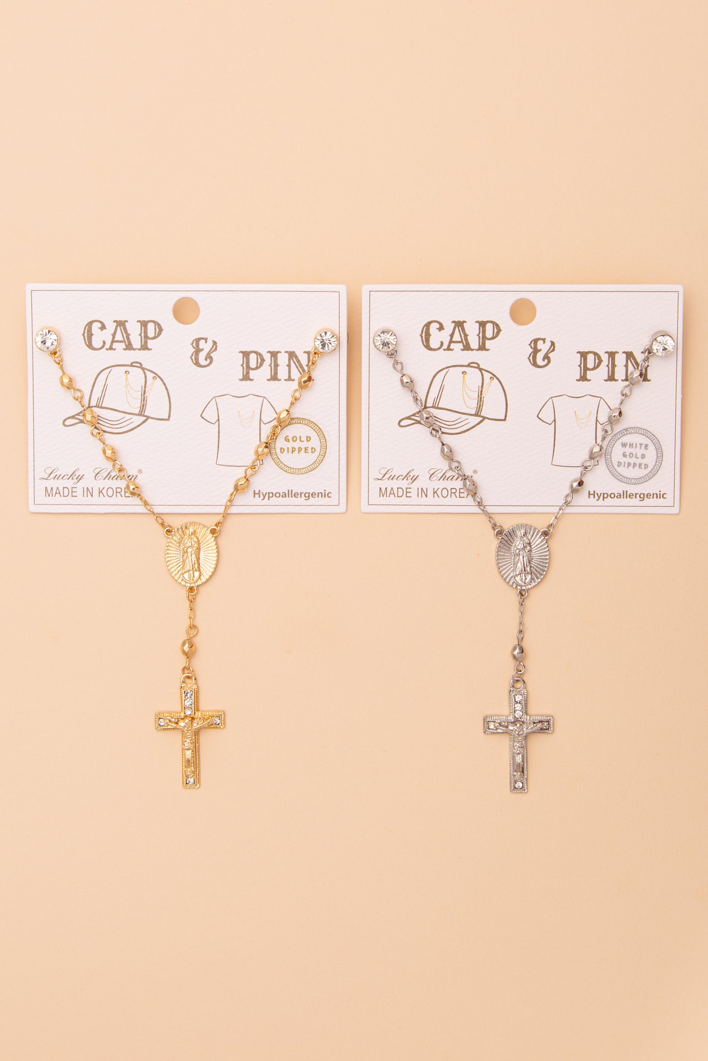 Mary Crucifix Crystal Medallion Cap Chain and Pin