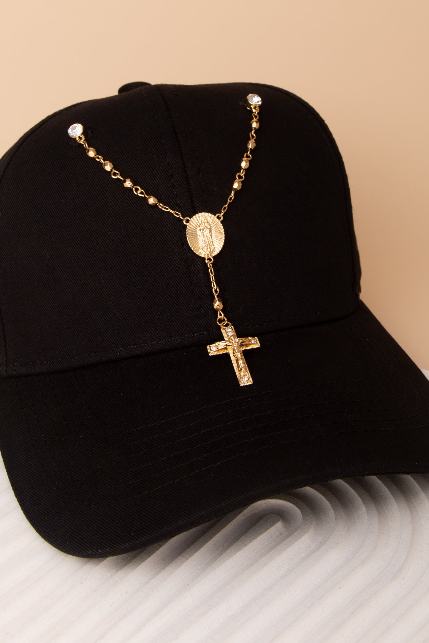 Mary Crucifix Crystal Medallion Cap Chain and Pin