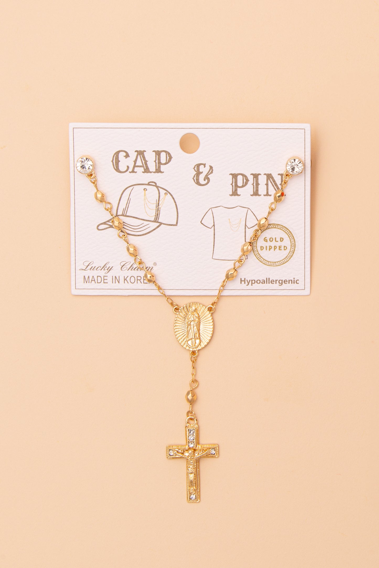 Mary Crucifix Crystal Medallion Cap Chain and Pin