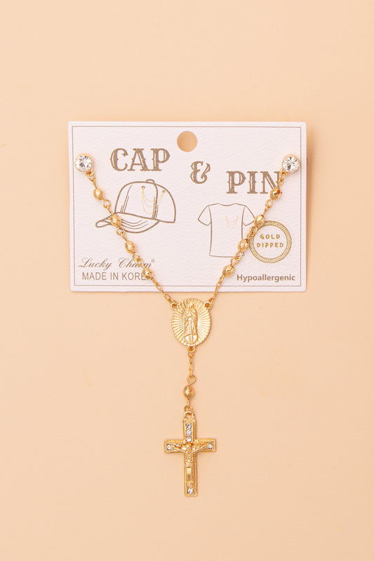 Mary Crucifix Crystal Medallion Cap Chain and Pin | Gold