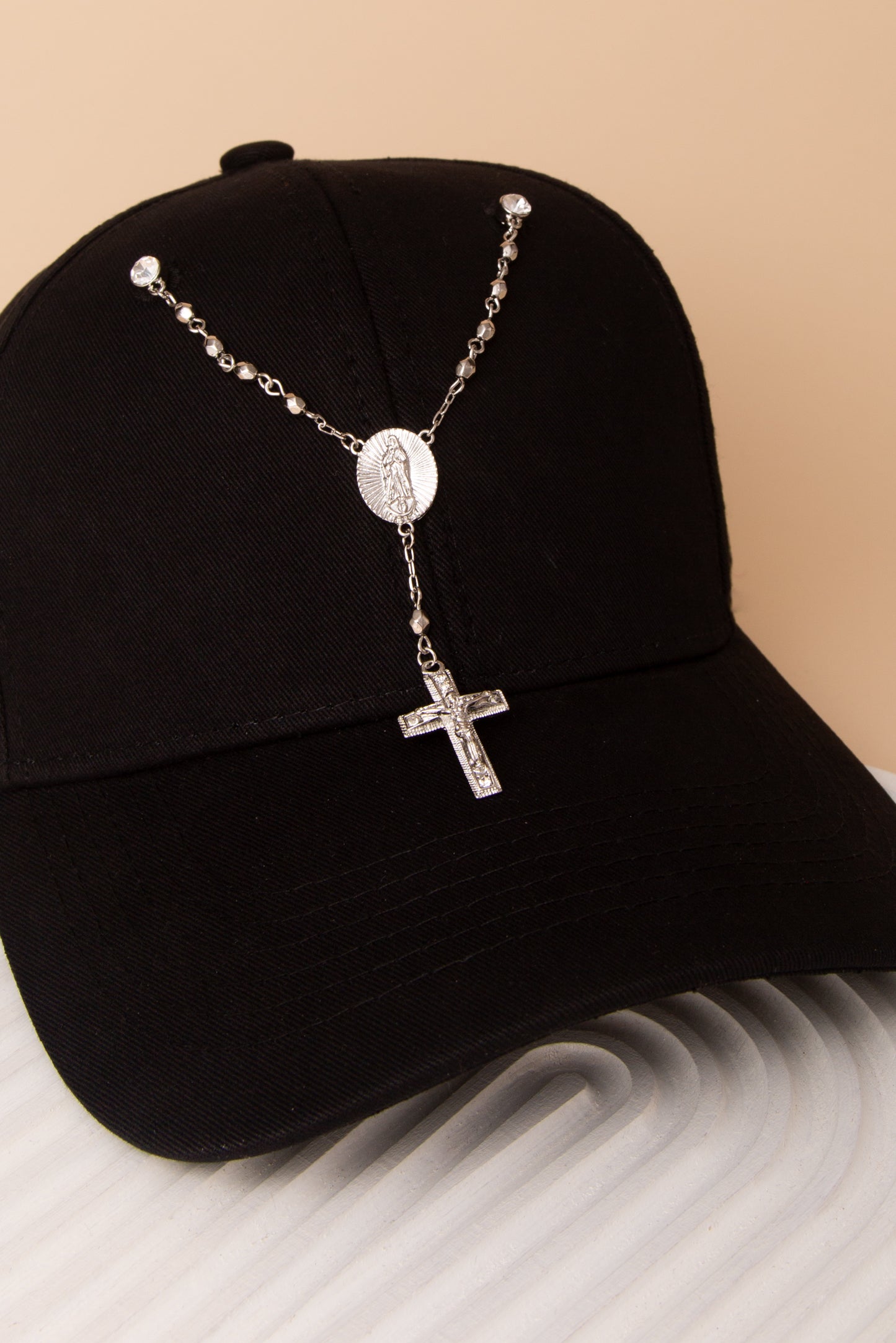 Mary Crucifix Crystal Medallion Cap Chain and Pin