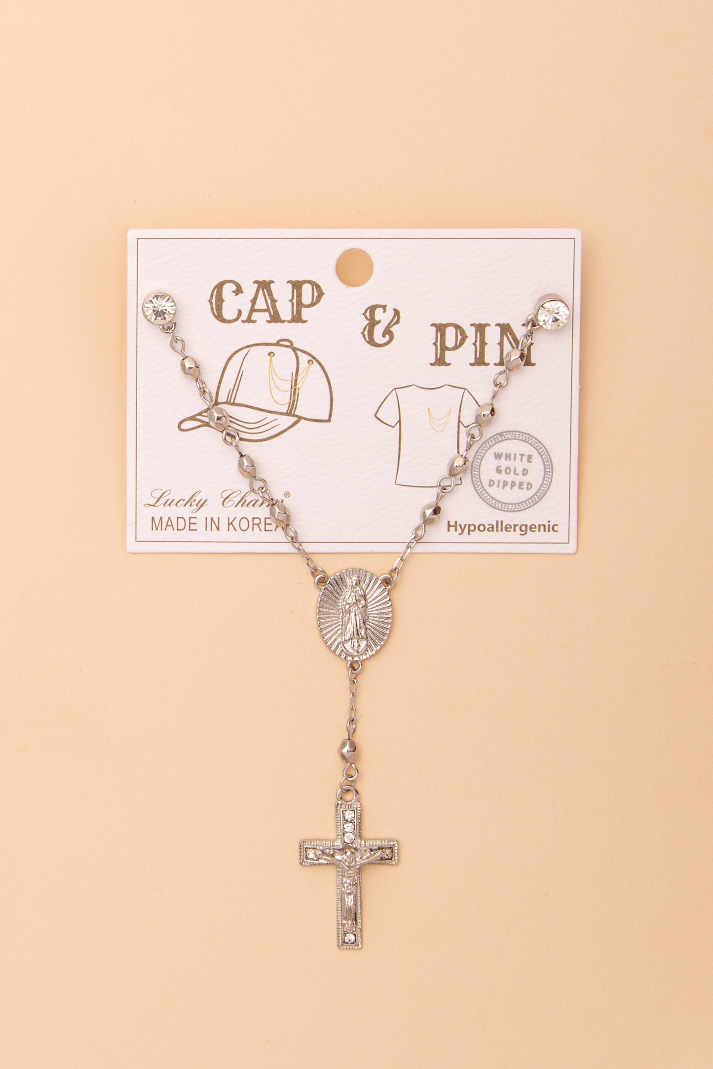Mary Crucifix Crystal Medallion Cap Chain and Pin