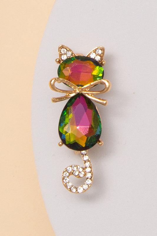 Ashley Cat Brooch Pin with Faceted Crystals and Bow Detail