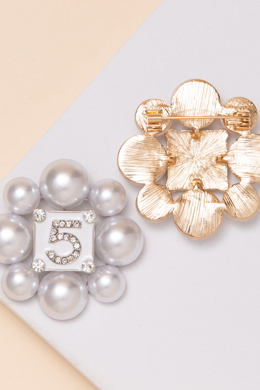 Alana Pearl Frame with Crystal Number Five Brooch Pin