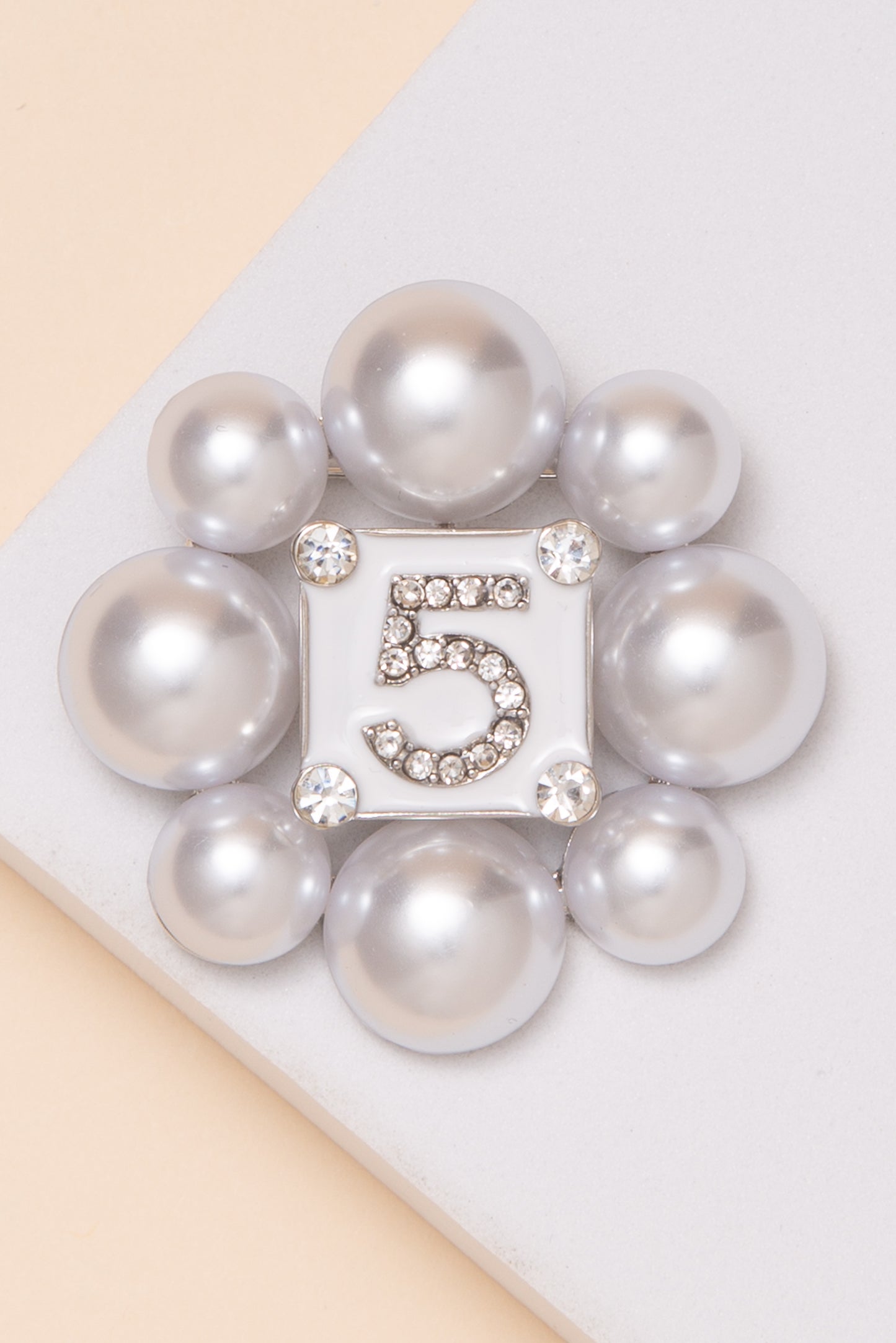 Alana Pearl Frame with Crystal Number Five Brooch Pin | White