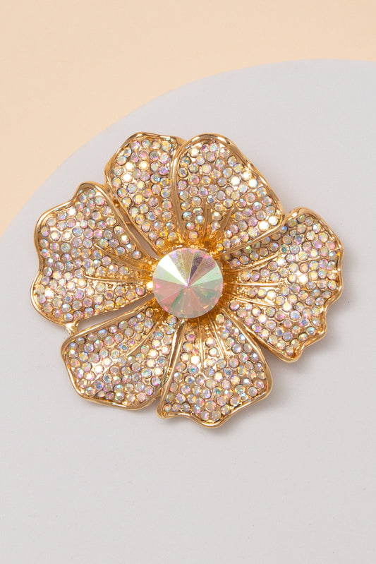Luna Flower Brooch Pin with Rhinestone Paved Petals