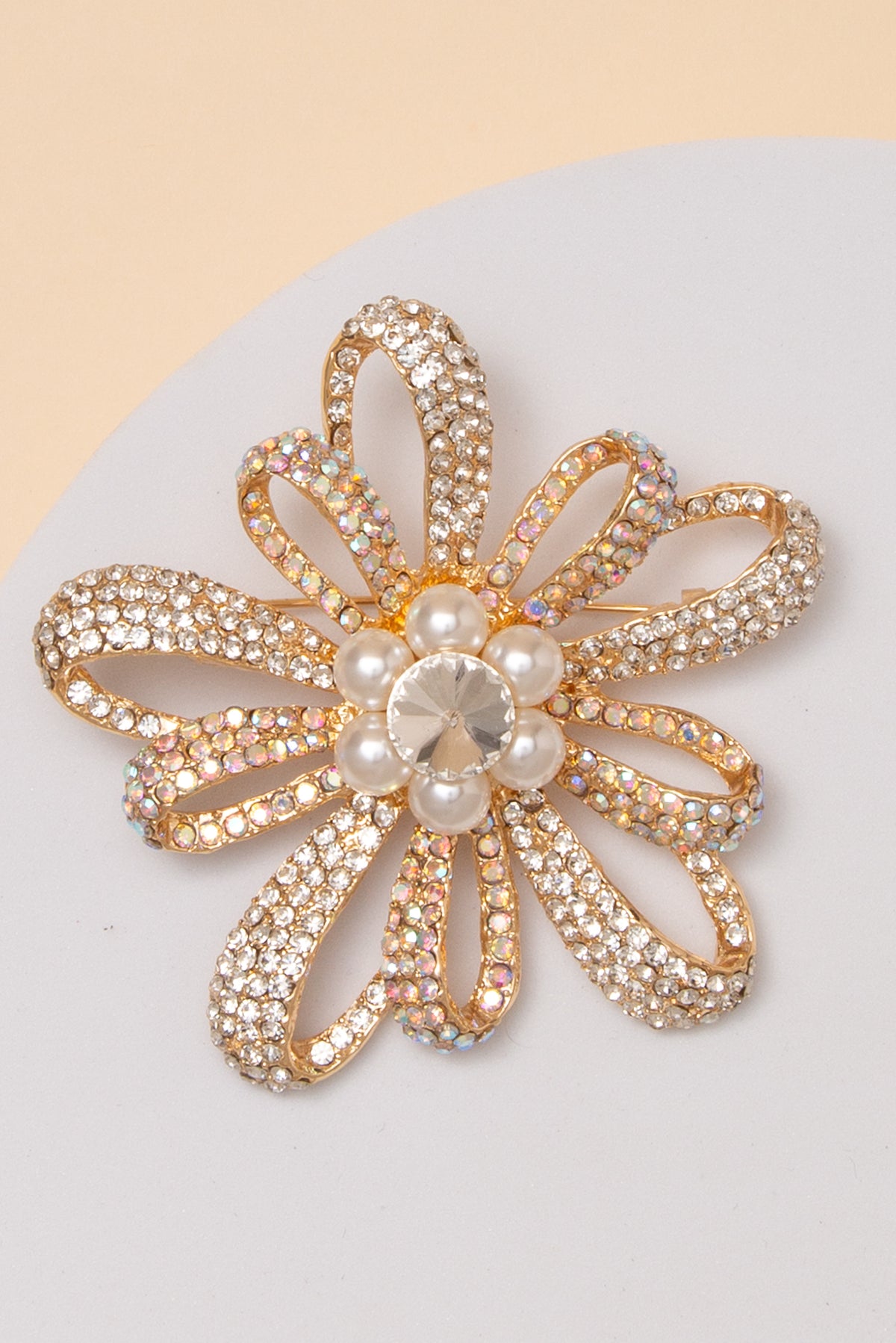 Mila Floral Crystal Rhinestone Brooch Pin with Open Loop Petal | Gold Pearl