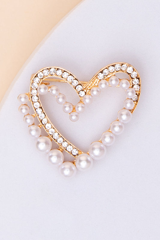 Isabel Pearl Overlayed Crystal Heart Brooch Pin | Gold