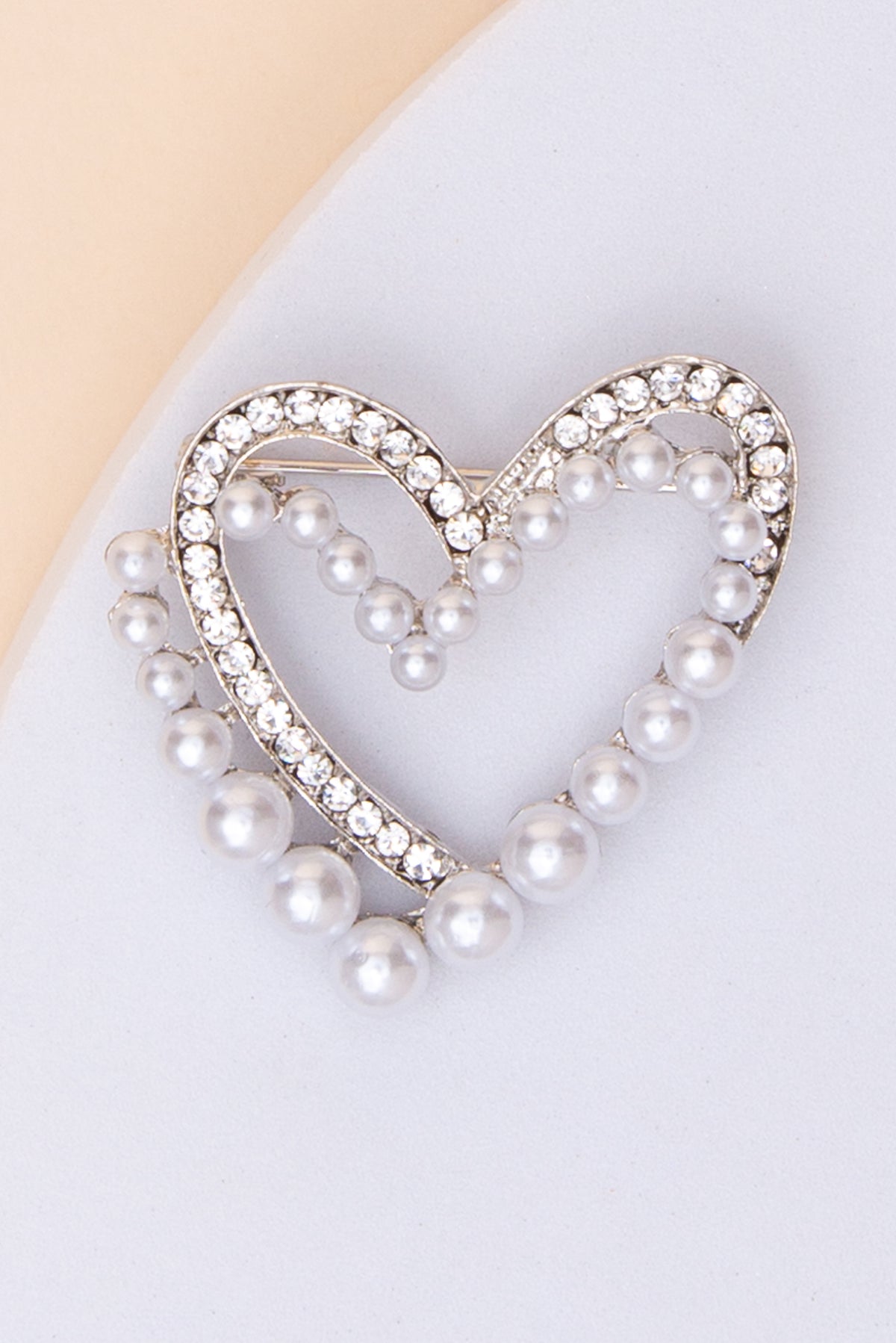 Isabel Pearl Overlayed Crystal Heart Brooch Pin | Silver
