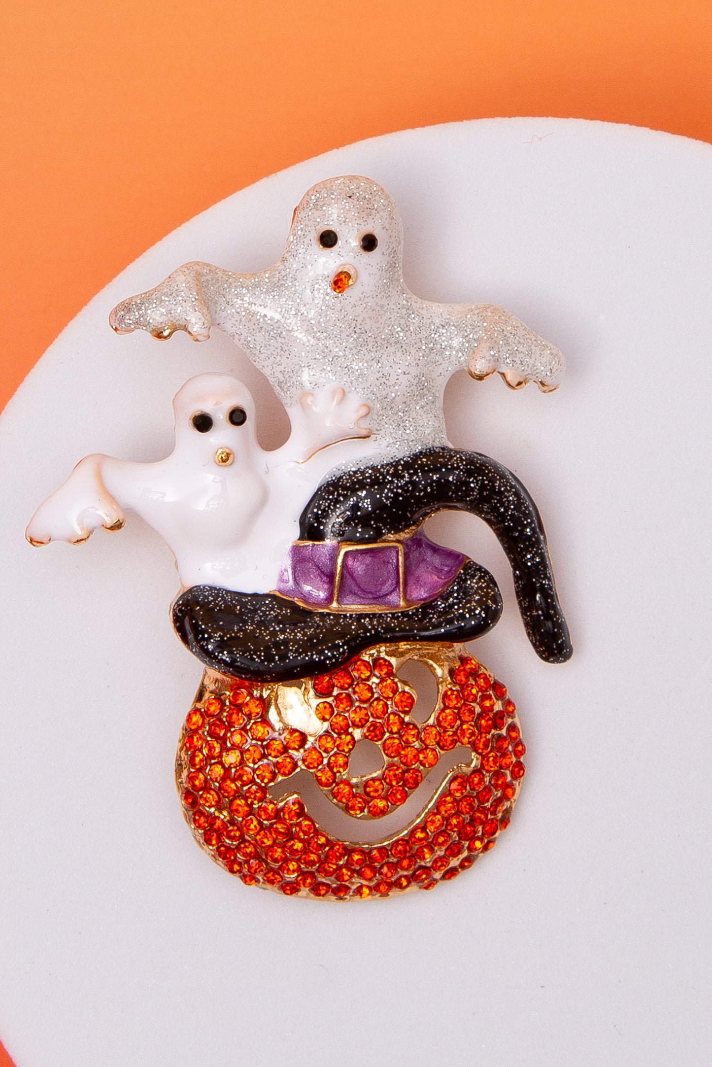Raven Halloween Pin – Ghost with Witch Hat and Pumpkin and Accents