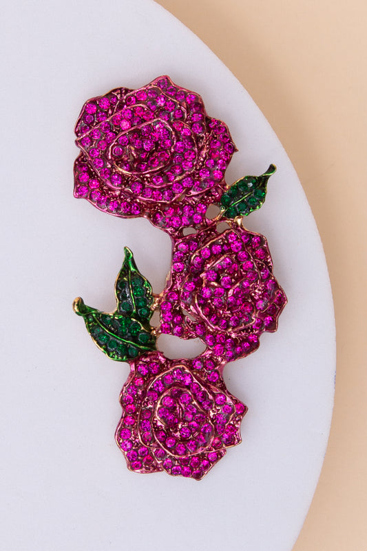 Camellia Flower Brooch Pin with Crystal Stones | Fuchsia