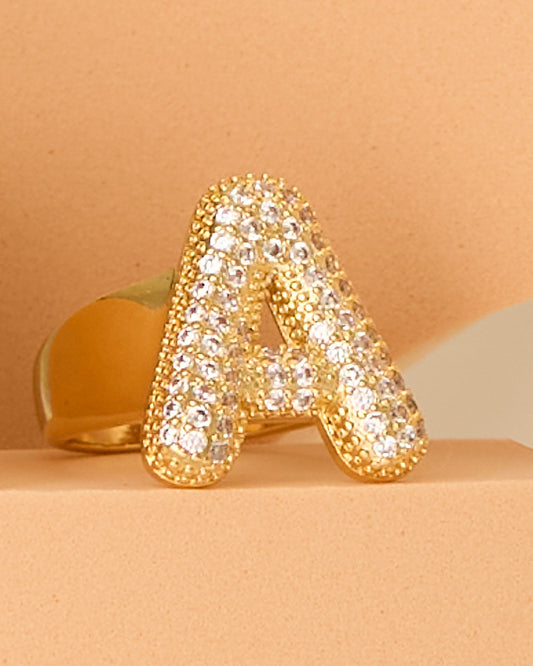 Lena 18K Yellow Gold-Plated Cubic Zirconia Pavé Bubble Letter Initial Gap Ring | A