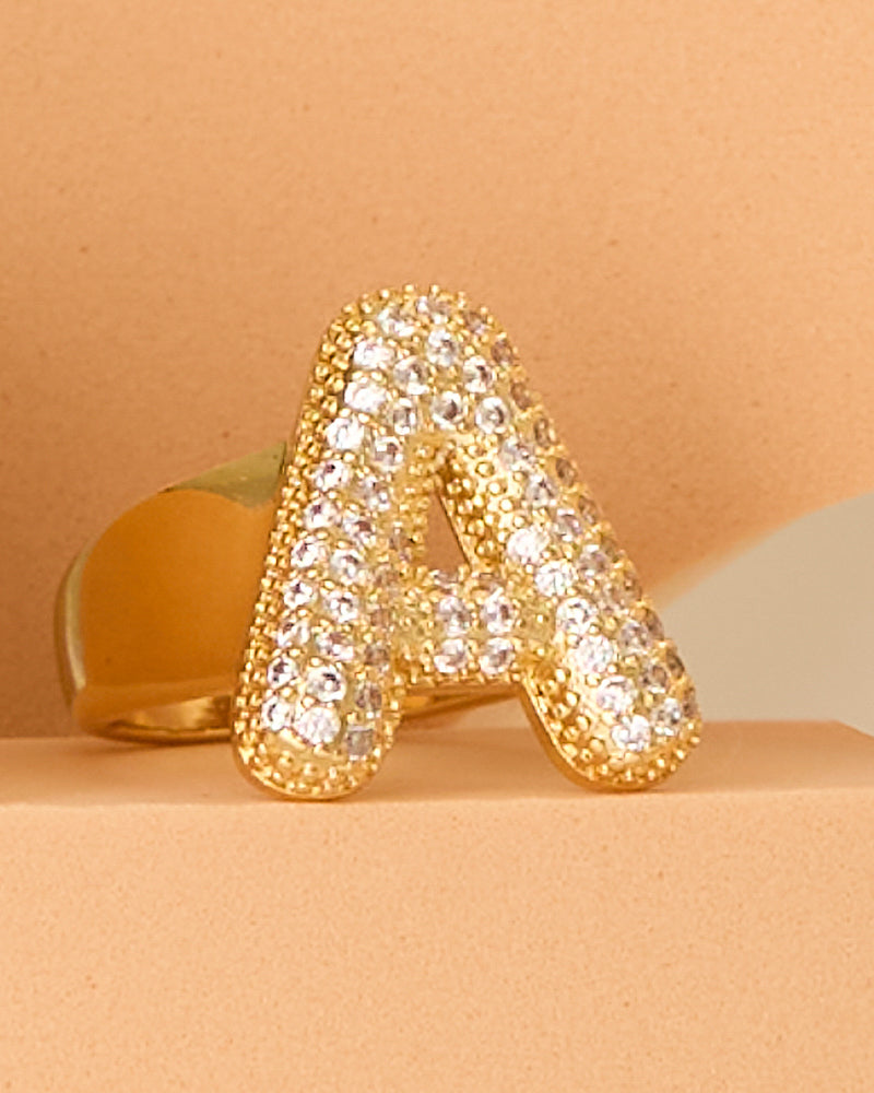 Lena 18K Yellow Gold-Plated Cubic Zirconia Pavé Bubble Letter Initial Gap Ring | A