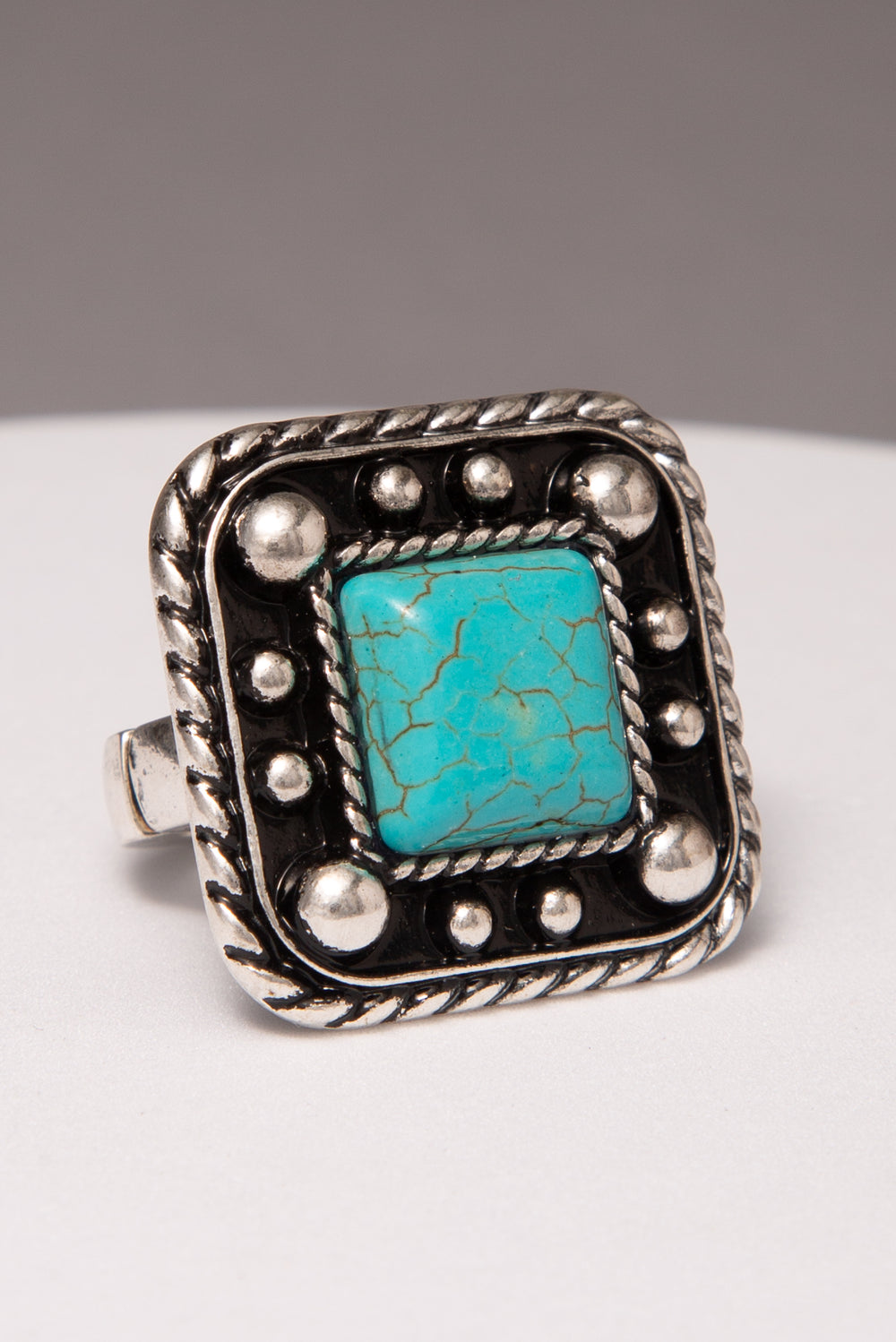 Judith Western Turquoise Embellished Square Concho Ring